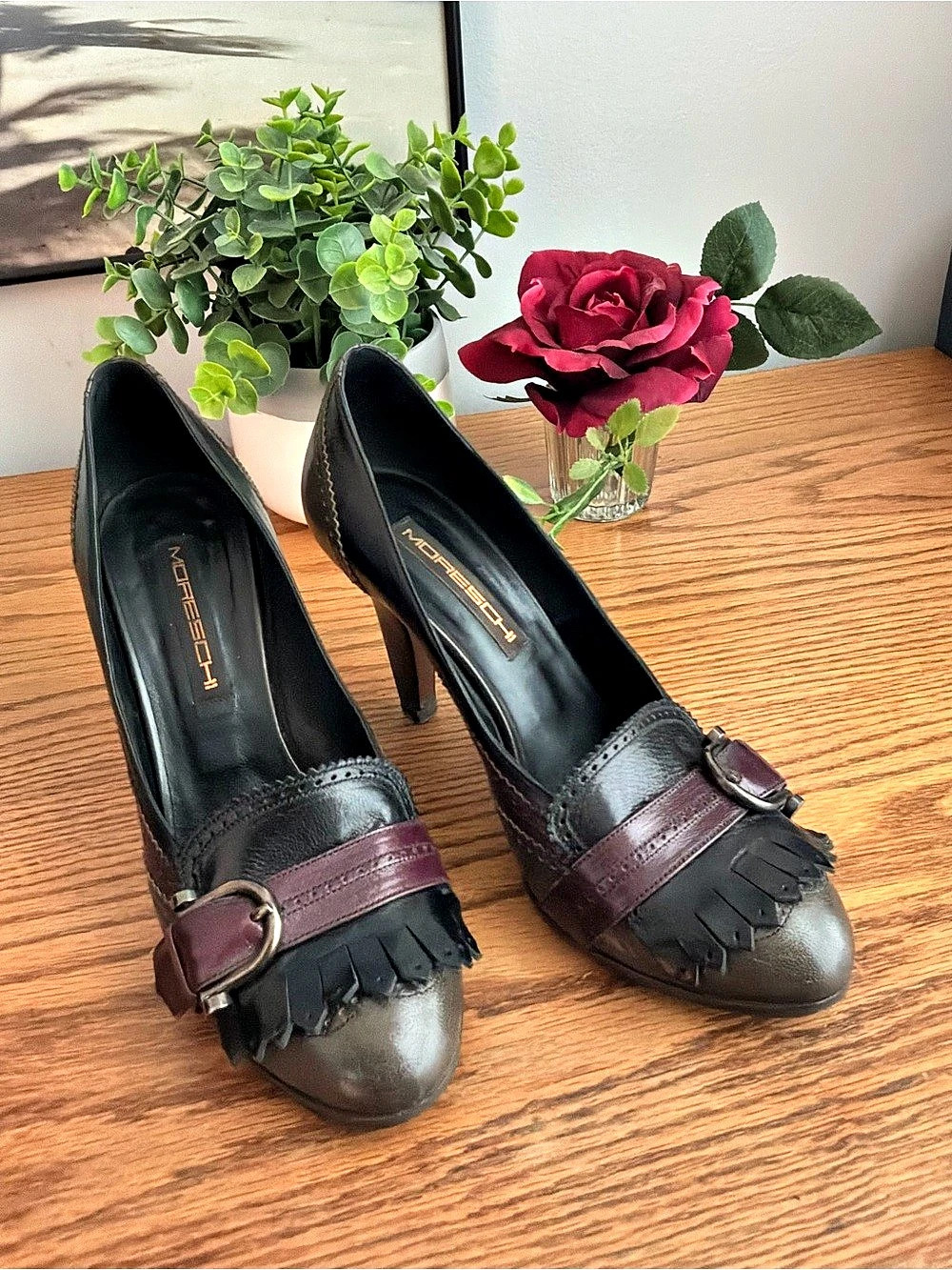 Moreschi Fringe Buckle Leather Heels in Black, Purple & Brown